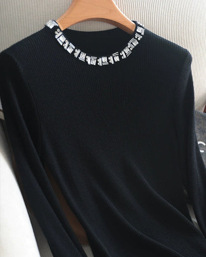 Rhinestone-Trim Mock Neck Knit Top 00542