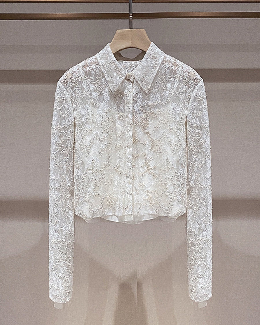 Classic White Embroidered Lace Cropped Shirt 00146
