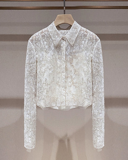 Classic White Embroidered Lace Cropped Shirt 00146