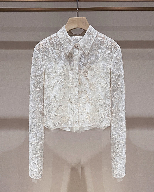Classic White Embroidered Lace Cropped Shirt 00146