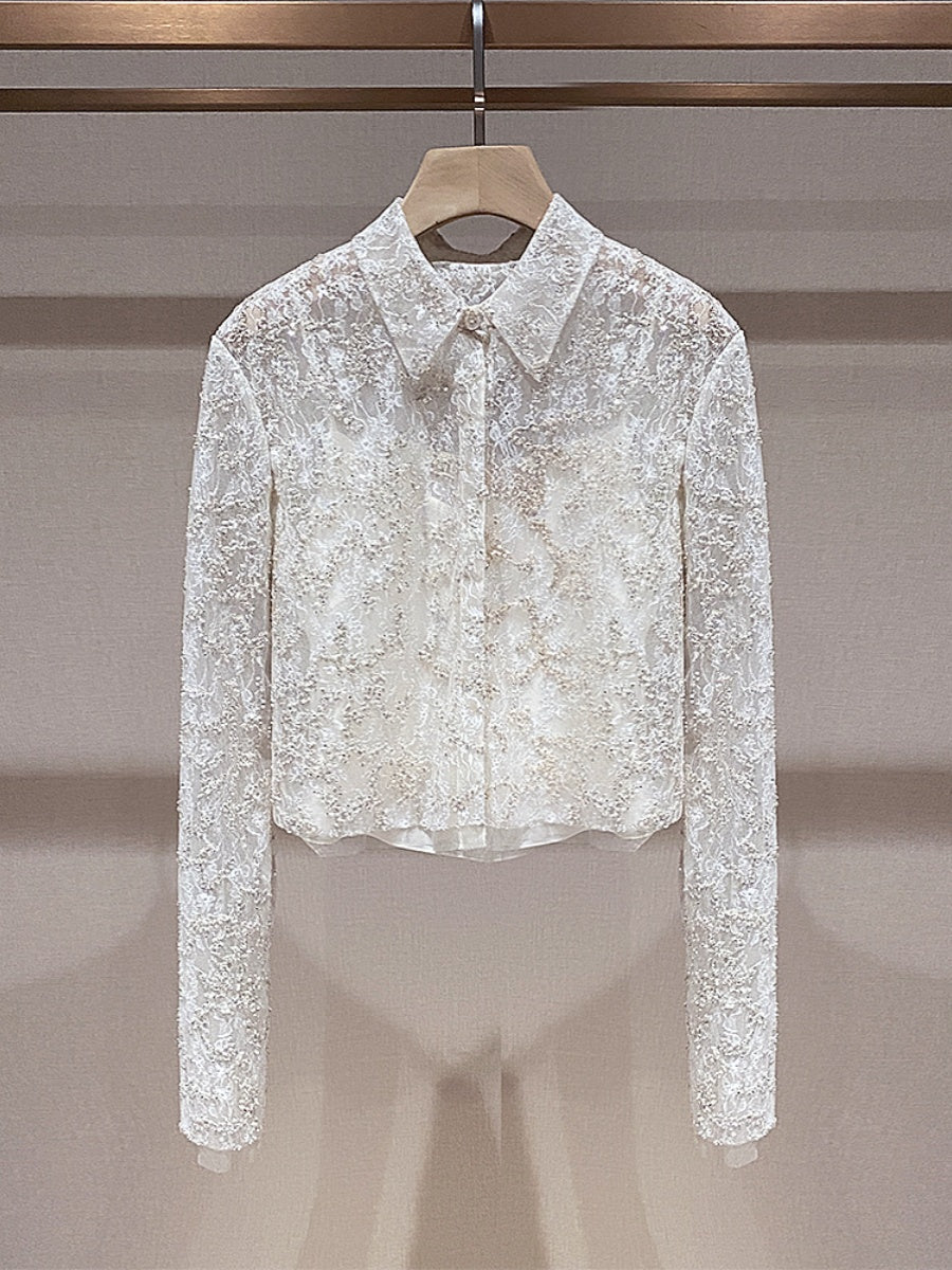 Classic White Embroidered Lace Cropped Shirt 00146