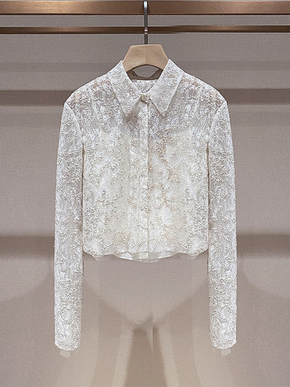 Classic White Embroidered Lace Cropped Shirt 00146