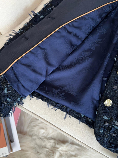 Navy Blue Fringed Tweed Jacket with Gold Buttons 00147