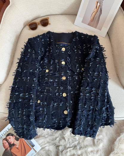 Navy Blue Fringed Tweed Jacket with Gold Buttons 00147