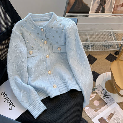Diamond Knit Cardigan with Heart Button 00347