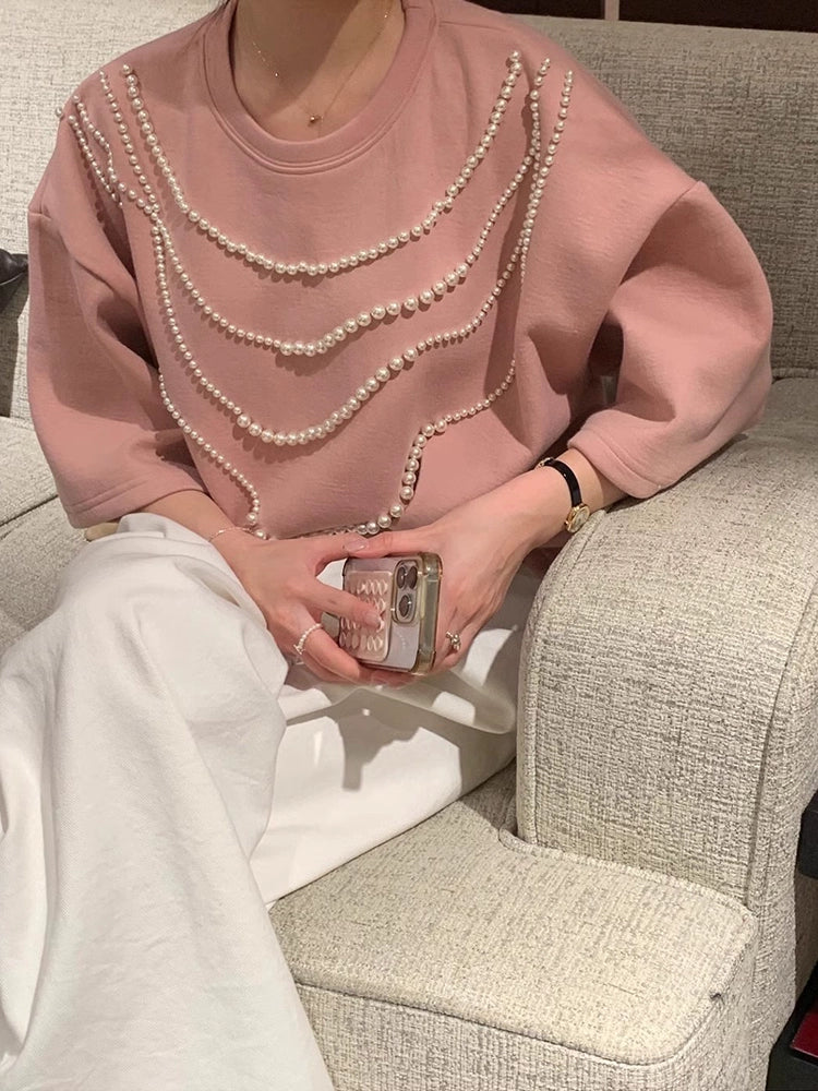 Decorative Pearl Detail Galf Sleeve Top 00278