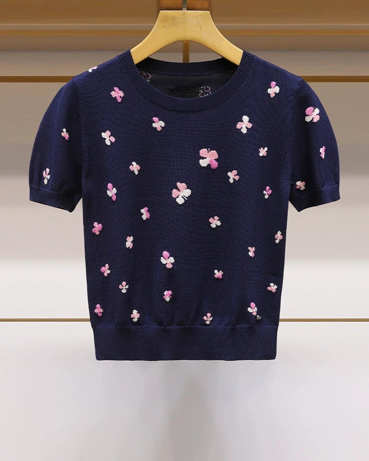 Summer Short-sleeved Sweater with Four-leaf Clover 00098