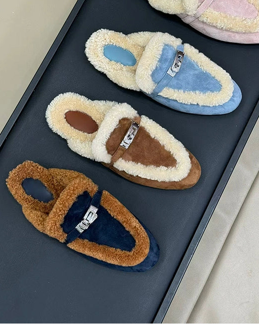 Teddy Leather Shearling Mules - Caramel Trim 00432