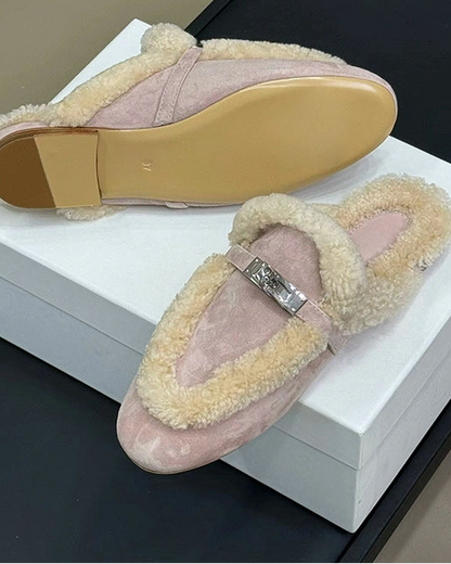 Teddy Leather Shearling Mules - Caramel Trim 00432
