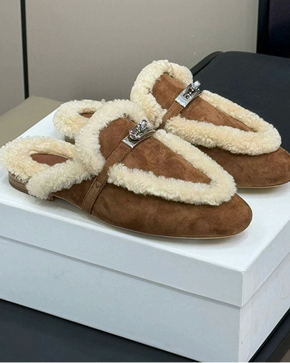 Teddy Leather Shearling Mules - Caramel Trim 00432