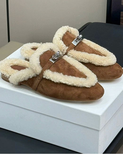 Teddy Leather Shearling Mules - Caramel Trim 00432
