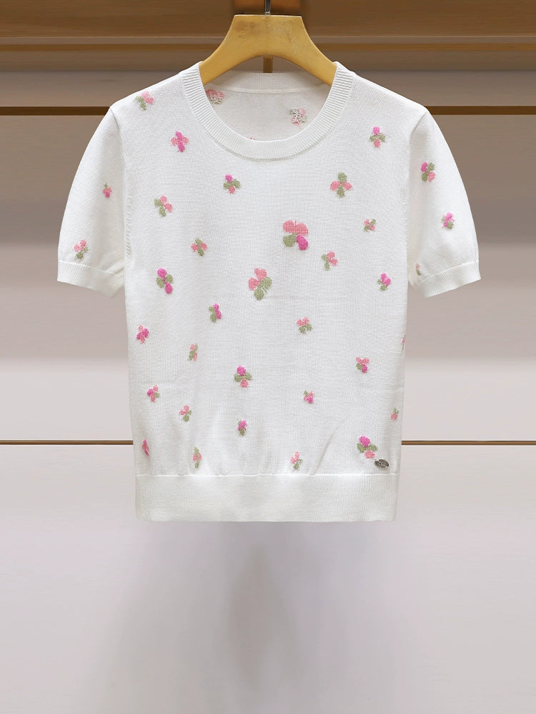 Summer Short-sleeved Sweater with Four-leaf Clover 00098