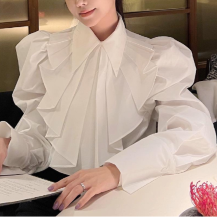 Puff Sleeve Pleated Bow Tie Shirt 00104