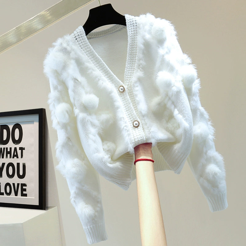 V-neck Long-sleeved Fur Cardigan 00116
