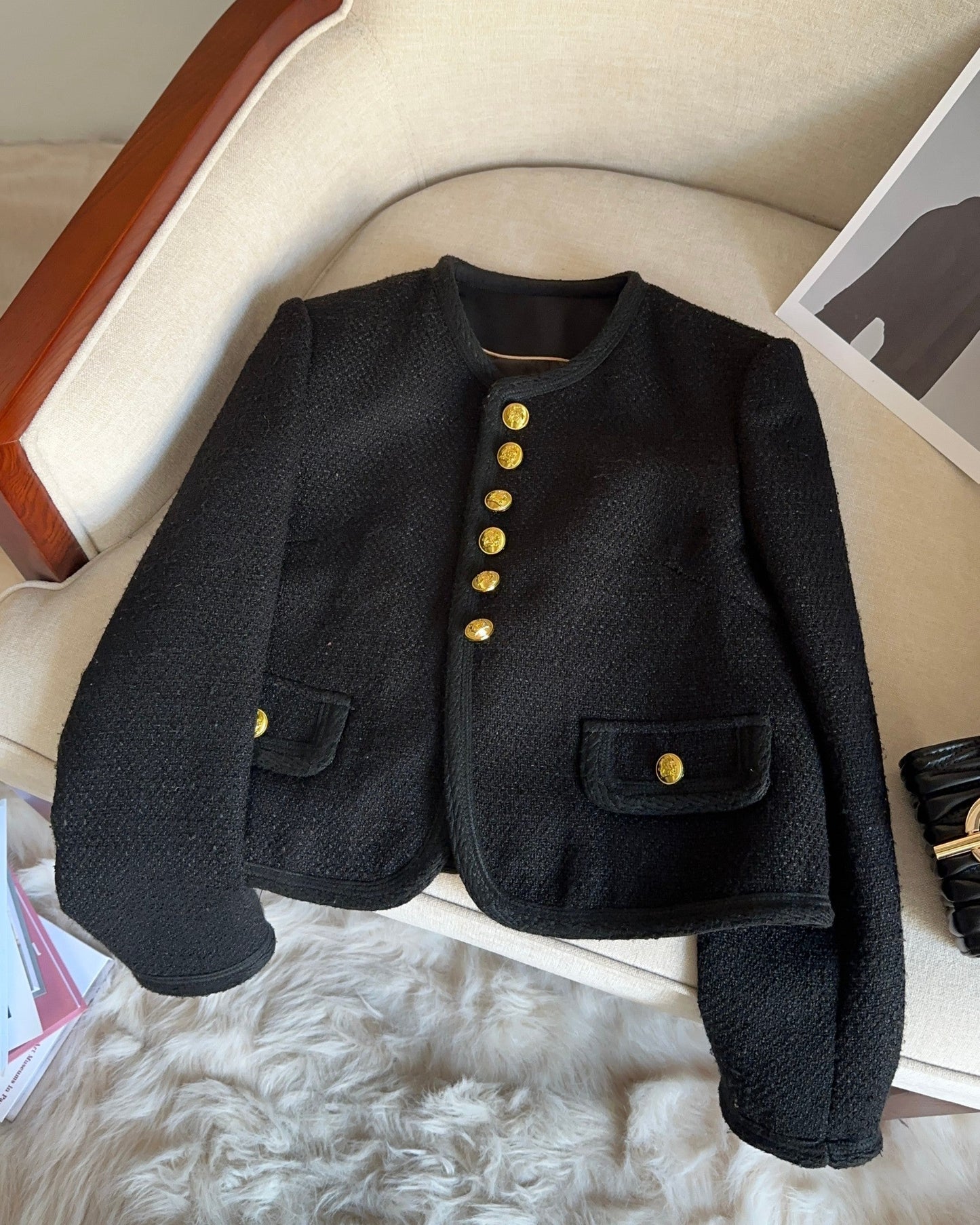 Black Tweed Jacket with Gold Button Details 00154