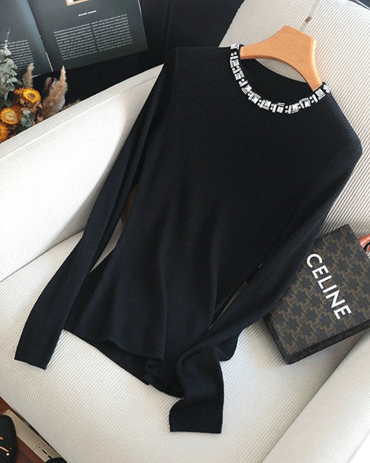 Rhinestone-Trim Mock Neck Knit Top 00542