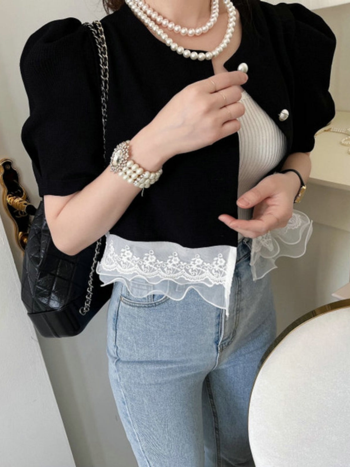 Black Puff Short Sleeve Cropped Jacket with Lace Hem 00176
