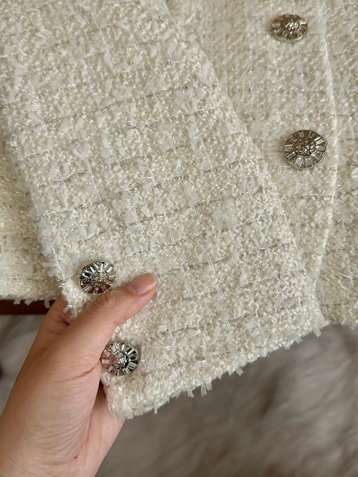 Parisian Chic Cream Tweed Blazer with Embellished Buttons 00151