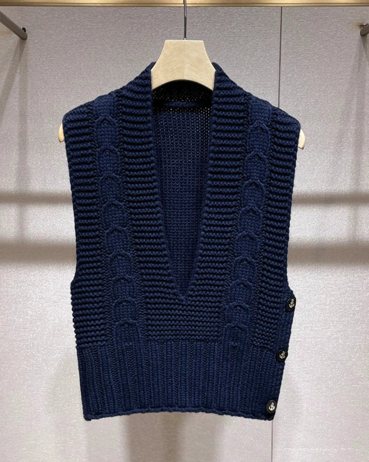 Navy Blue Anchor Botton Knit Vest 00023