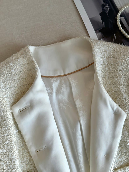 Parisian Chic Cream Tweed Blazer with Embellished Buttons 00151