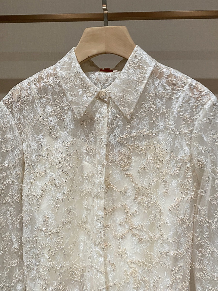 Classic White Embroidered Lace Cropped Shirt 00146