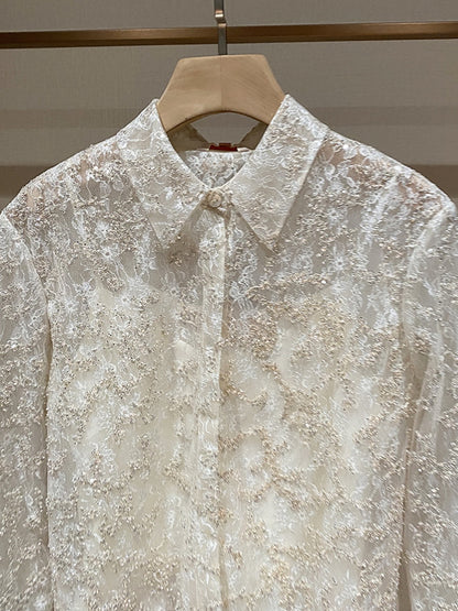 Classic White Embroidered Lace Cropped Shirt 00146