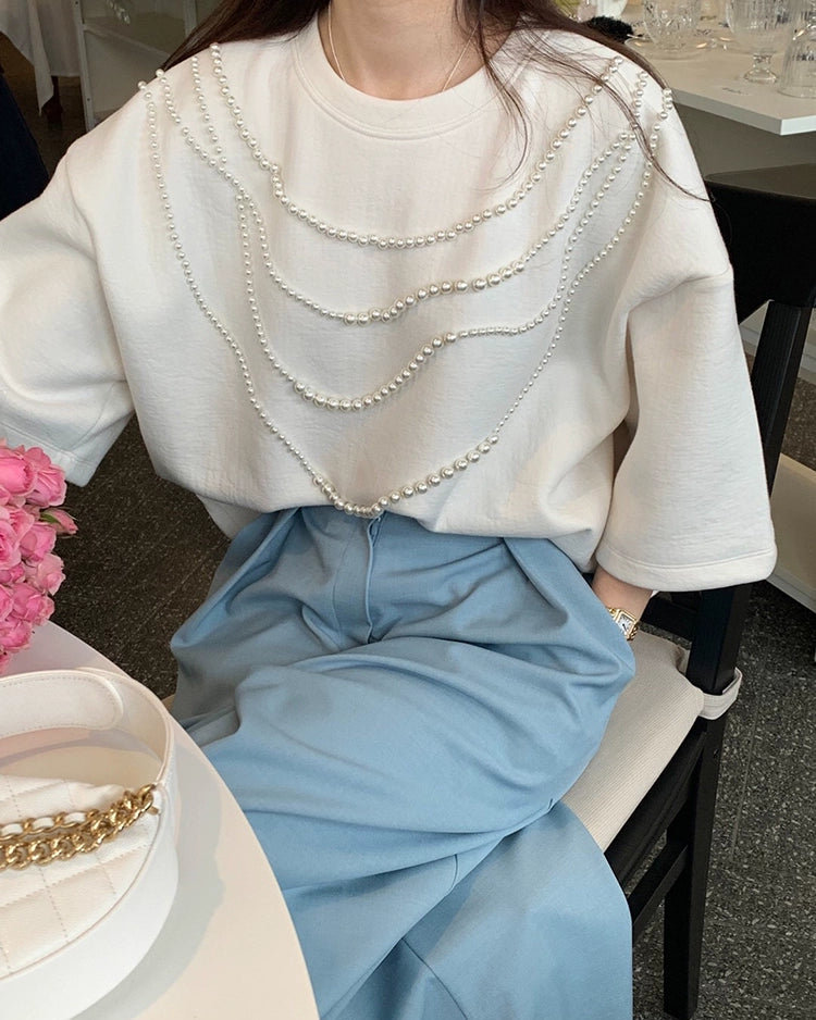 Decorative Pearl Detail Galf Sleeve Top 00278