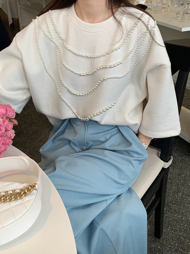 Decorative Pearl Detail Galf Sleeve Top 00278