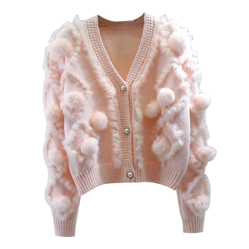 V-neck Long-sleeved Fur Cardigan 00116