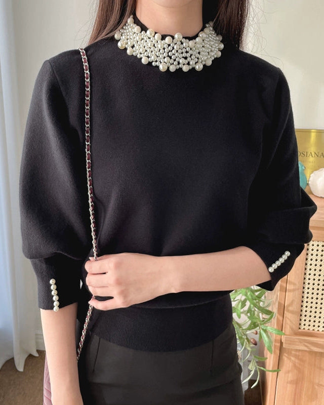Pearl Collar Knit Top 00421