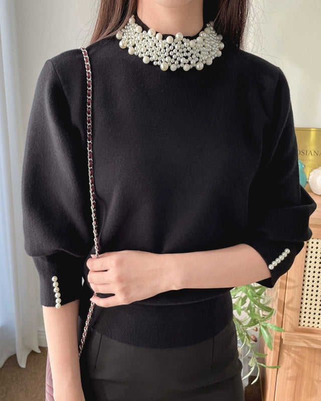 Pearl Collar Knit Top 00421