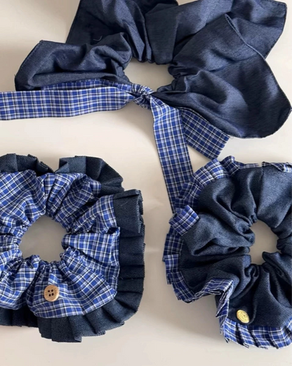 Blue White Plaid Denim Hair Tie 00130