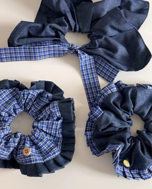 Blue White Plaid Denim Hair Tie 00130