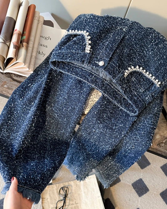 Tweed High Waist Straight Denim Pants 00090