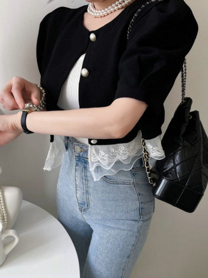 Black Puff Short Sleeve Cropped Jacket with Lace Hem 00176