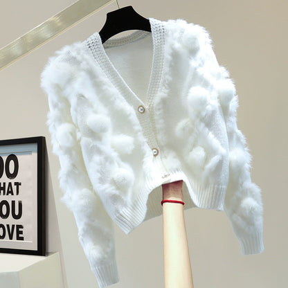 V-neck Long-sleeved Fur Cardigan 00116