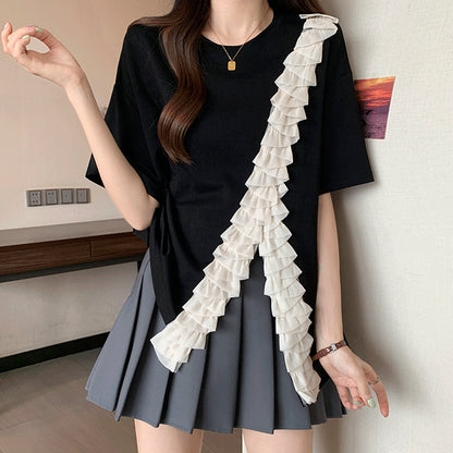 Asymmetrical Ruffle Ribbon Tee 00212