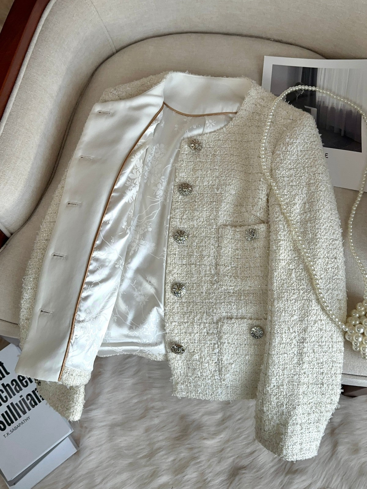 Parisian Chic Cream Tweed Blazer with Embellished Buttons 00151