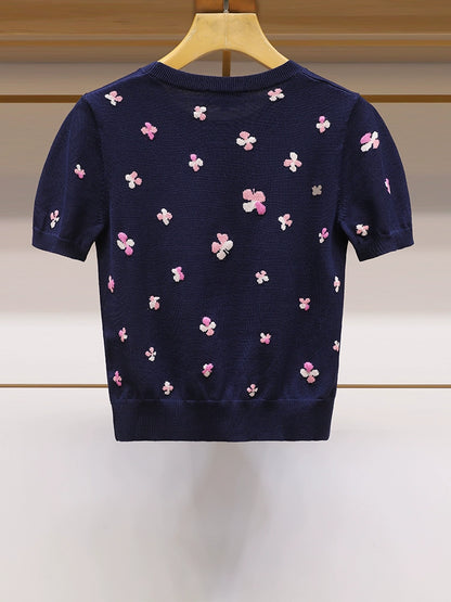 Summer Short-sleeved Sweater with Four-leaf Clover 00098