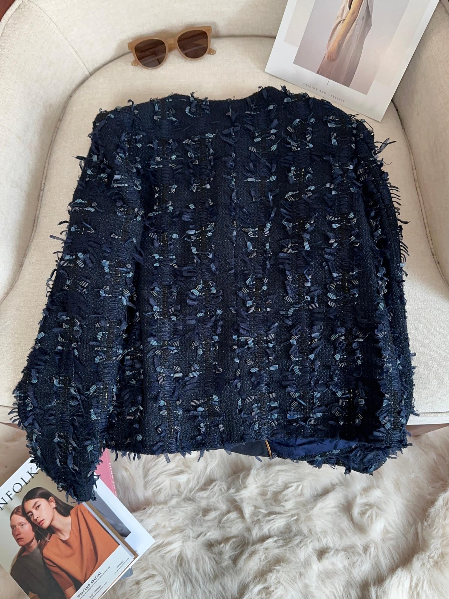 Navy Blue Fringed Tweed Jacket with Gold Buttons 00147