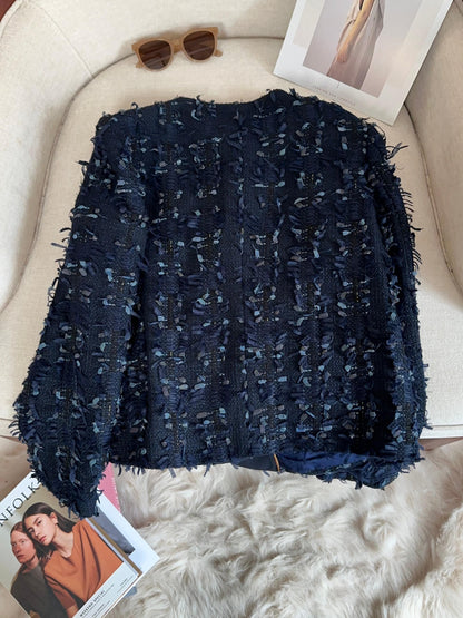 Navy Blue Fringed Tweed Jacket with Gold Buttons 00147