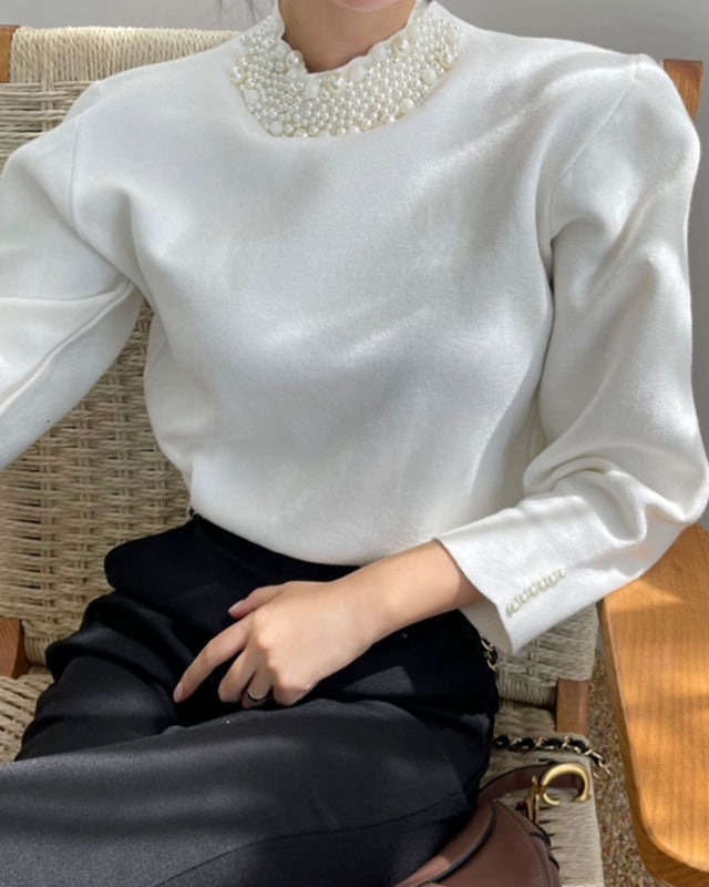 Pearl Collar Knit Top 00421
