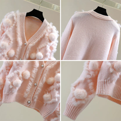 V-neck Long-sleeved Fur Cardigan 00116