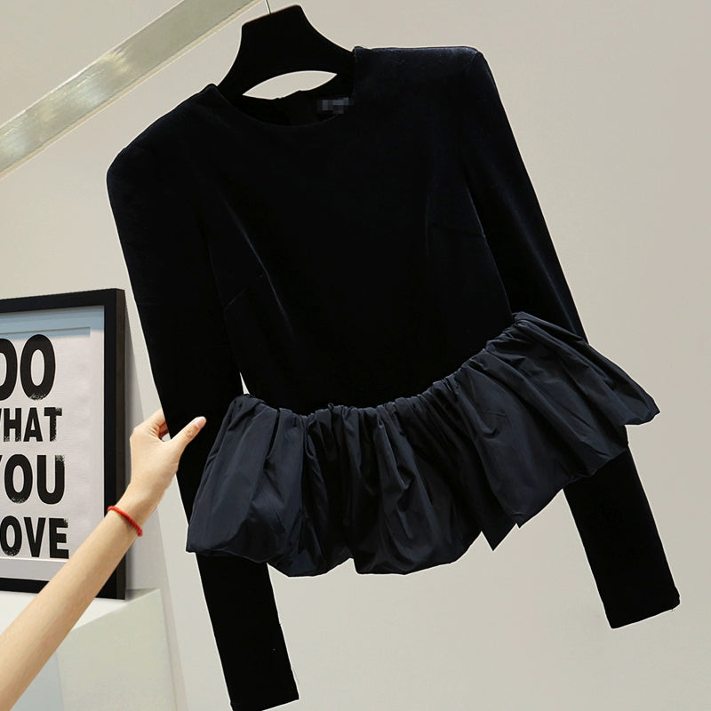Velvet Peplum Long Sleeve Top 00110