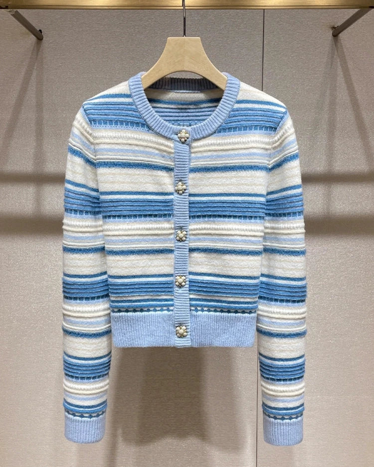 Blue Striped Cardigan with Bijou Botton 00029