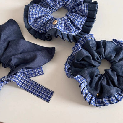 Blue White Plaid Denim Hair Tie 00130