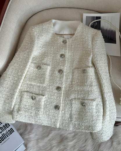 Parisian Chic Cream Tweed Blazer with Embellished Buttons 00151