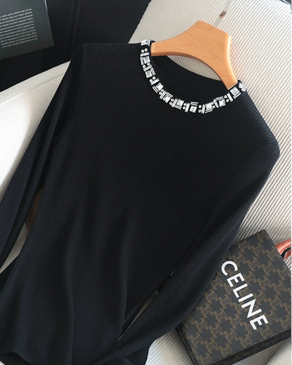 Rhinestone-Trim Mock Neck Knit Top 00542