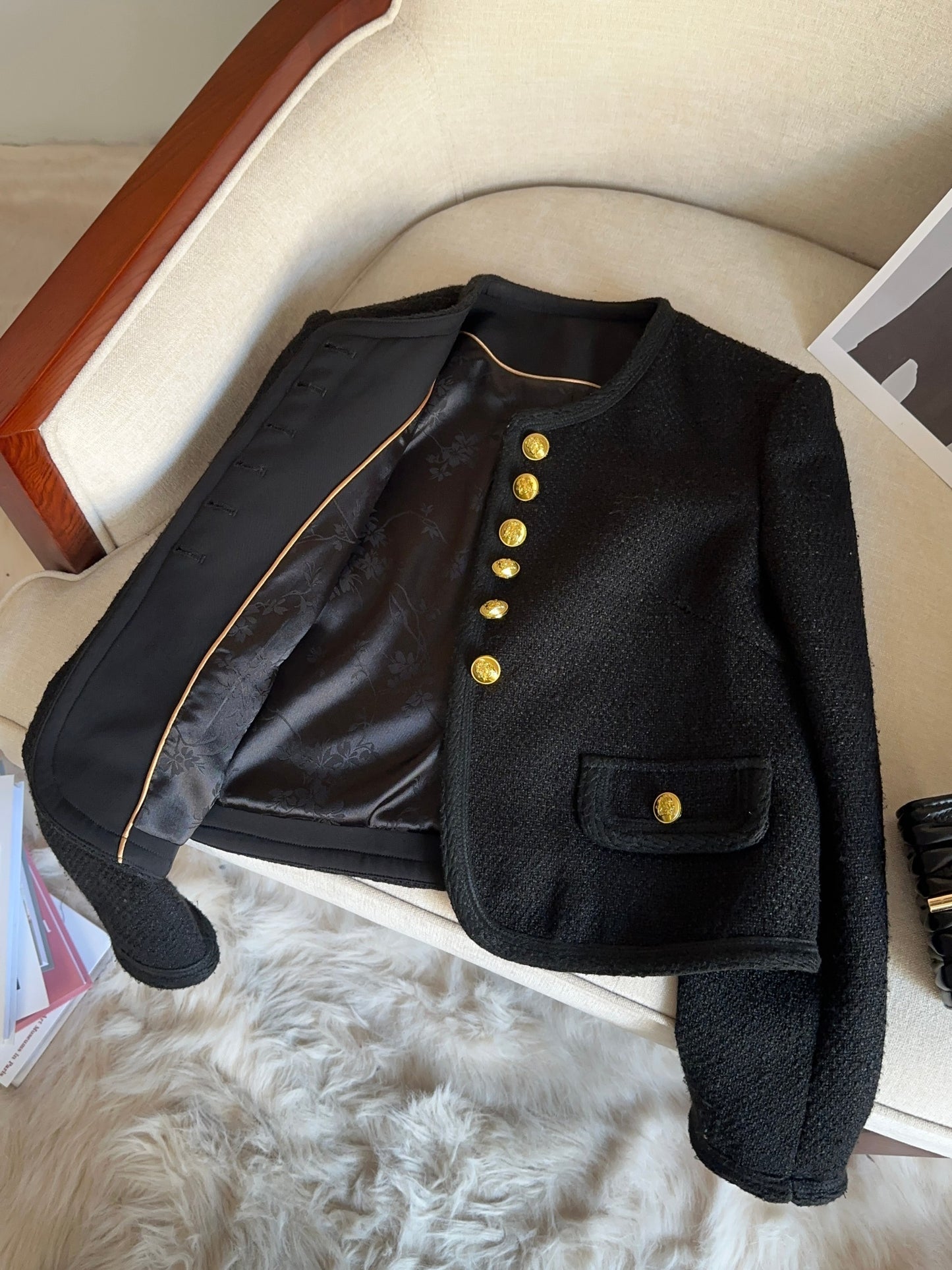 Black Tweed Jacket with Gold Button Details 00154