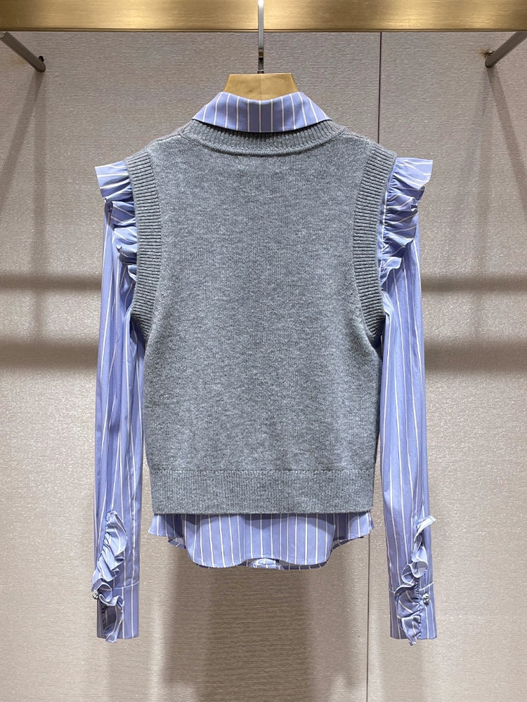 Cross Collar Shirt with Vest 00034